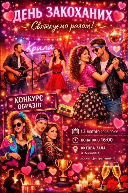 Вечір закоханих у стилі 80-90-х: жива музика, дискотека та конкурс образів Вечір закоханих у стилі 80-90-х: жива музика, дискотека та конкурс образів